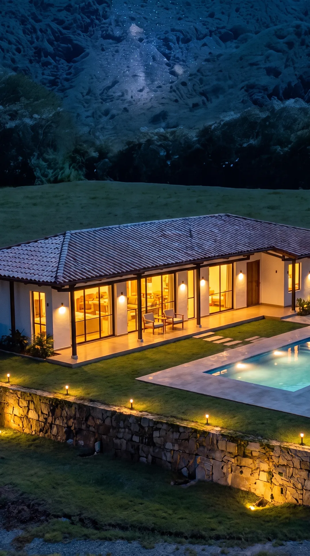 Fachada de la casa campestre de teja, con corredor y una piscina pequeña al lado, sobre un lote del proyecto, de noche.