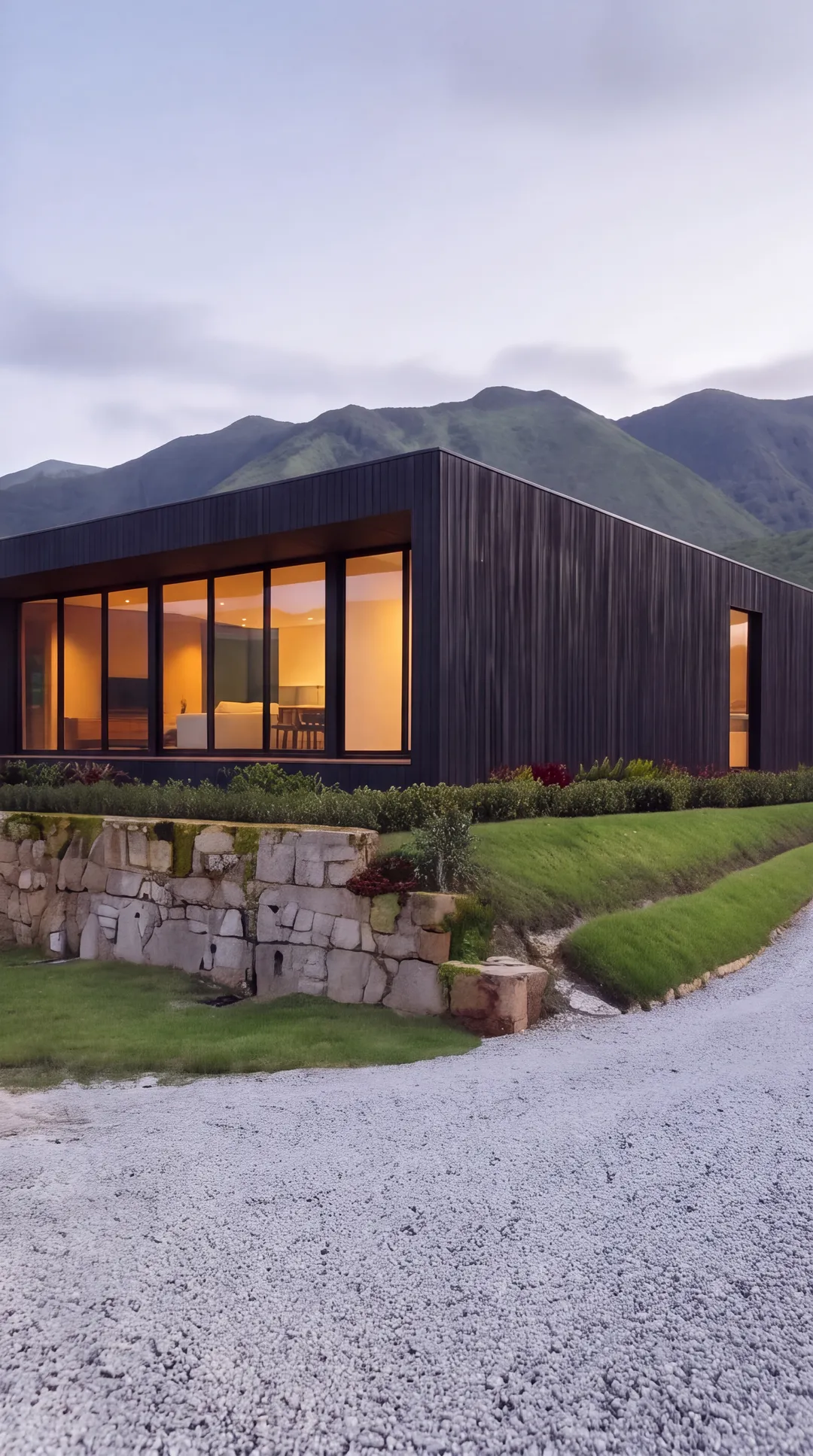 Casa moderna de madera oscura con ventanal sobre un lote del proyecto, de día.