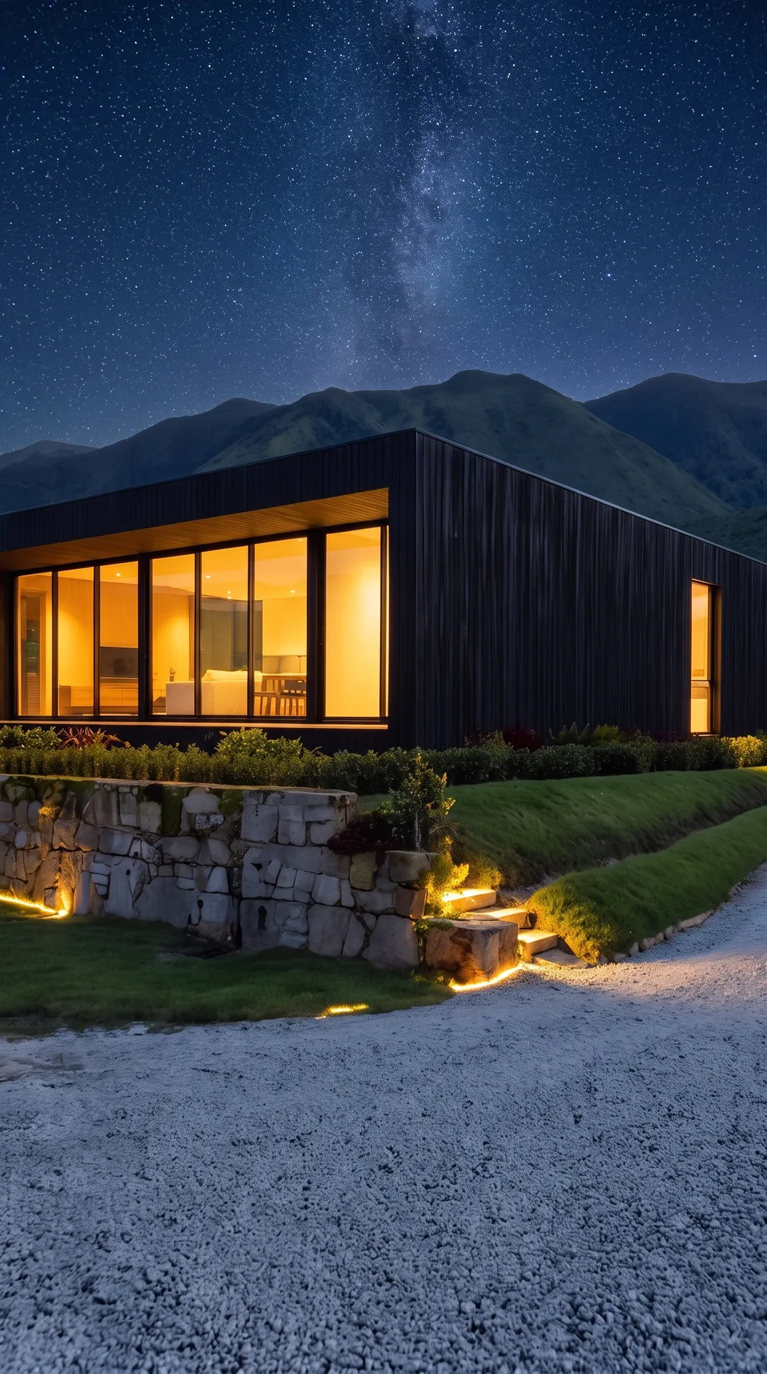 Casa moderna de madera oscura con ventanal sobre un lote del proyecto, de noche.